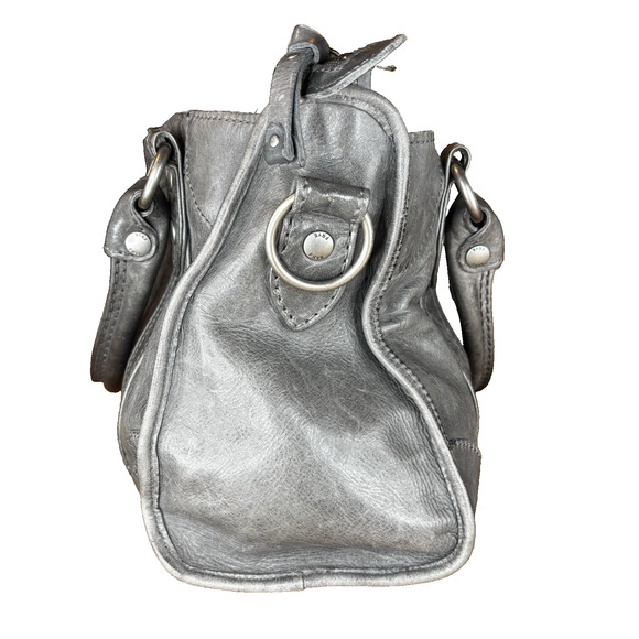 Frye Leather Satchel Shoulder Bag Gray Purse Tote Handbag Med Crossbody Silver - Picture 3 of 16